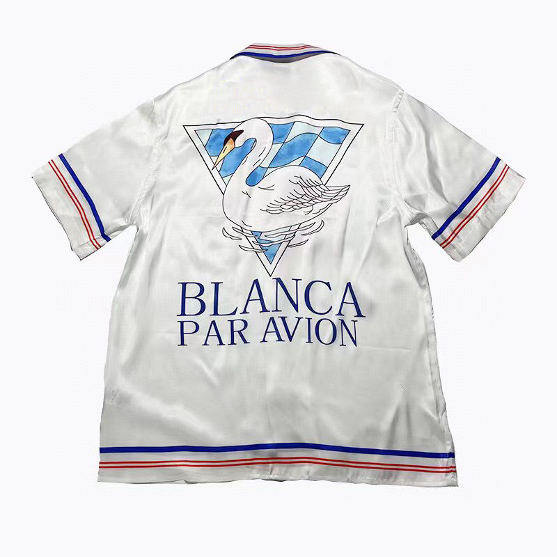 

Europe France Paris Tee Hawaii Beach Painting Swan Silk Casual Shirt Spring Summer Cool Hip hop Short Sleeve, White