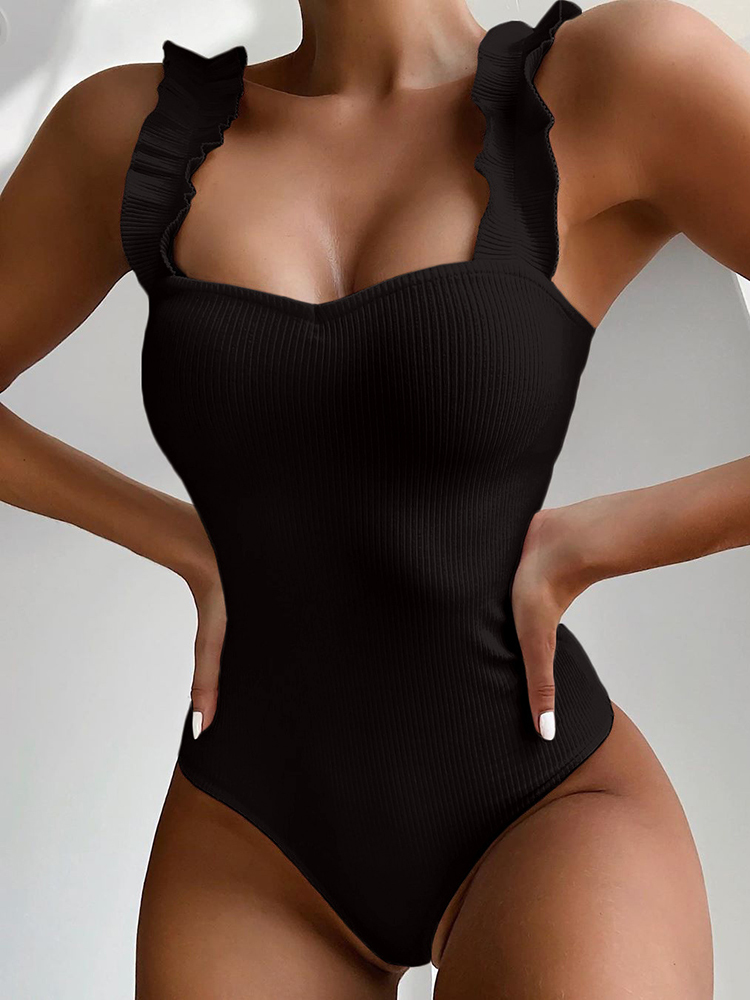

Vintage Swimsuit Women Ruffle Textile Strap Swimwear Female Push Up Monokini Padded Beach Bathing Suits Black Bodysuits, As show