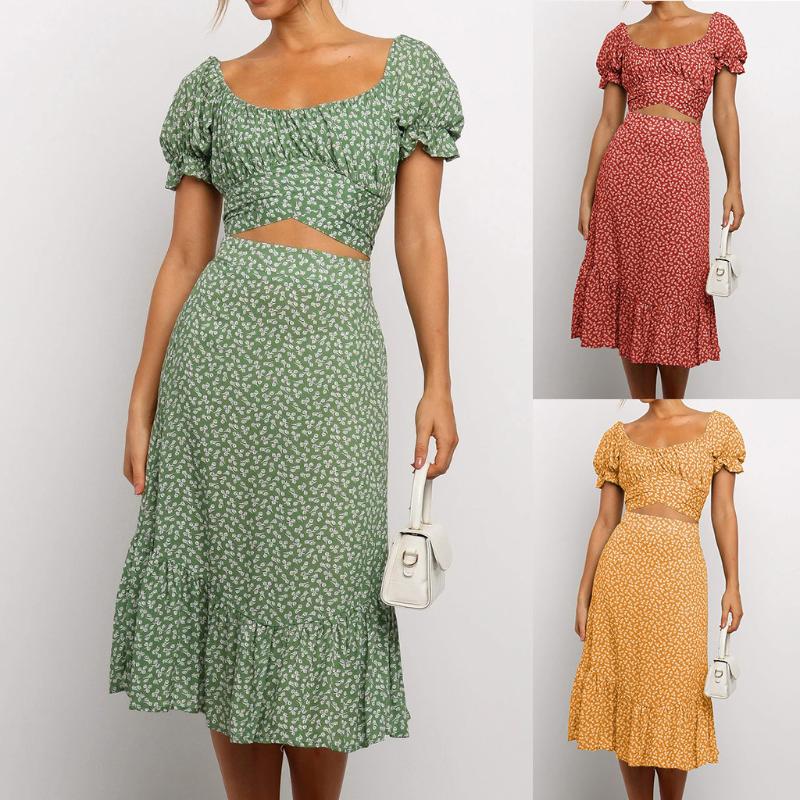 

Work Dresses Women Sets Fashion Summer Floral Print Square Collar Short Sleeve Crop Tops Skirt Set Survetement Femme Ensemble 2 Pieces 00Wor, As photo