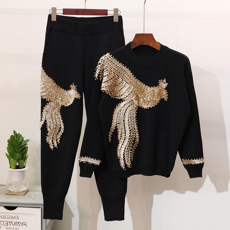 

Women' Two Piece Pants Set Pearl Women Tracksuit Embellished Diamond Sequin Phoenix 2 Trendy Jogger Hipsters Leisure Suit PCS, Black