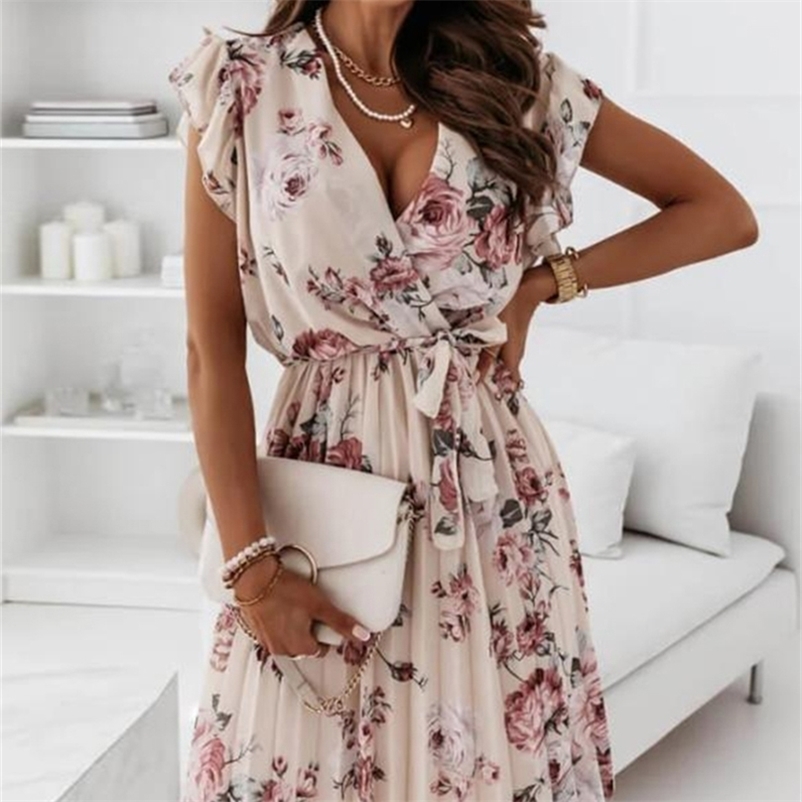 

Chiffon Long Sleeve Floral Print Dress Women Autumn Casual Deep V Neck Green Pleated Office Dresses For Robe Femme 220614, 1054-apricot