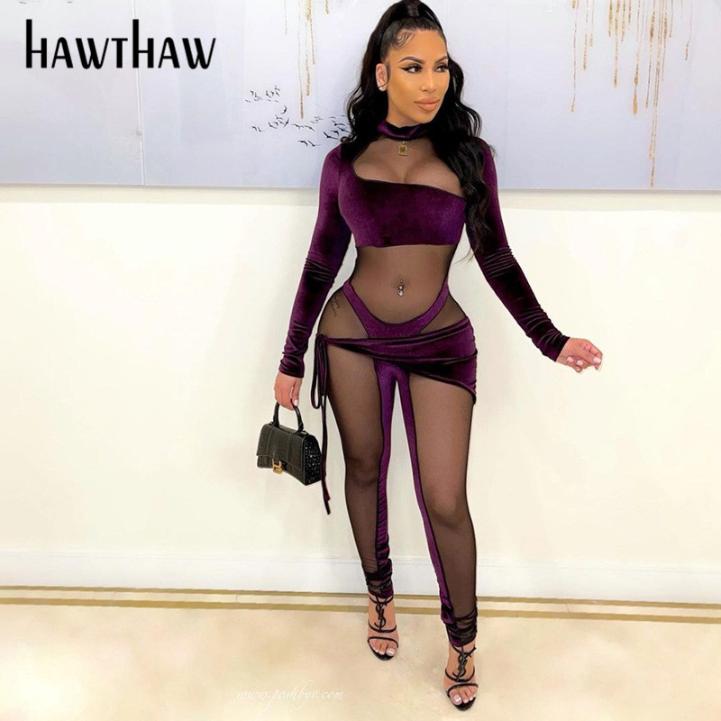

Hawthaw Women Sexy Autumn Winter Long Sleeve Mesh See Through Bodycon Jumpsuit Overalls 2021 Fall Wholesale Lots Bulk Clothes, Black