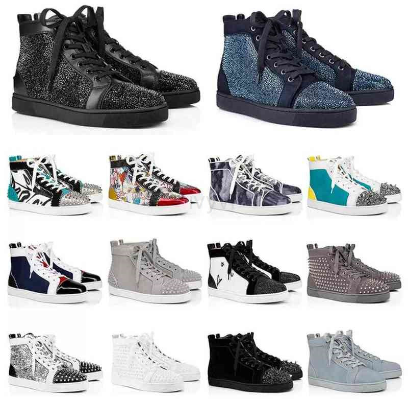 

Luxury Mens Spikes High-top Casual Sneakers Designer Shoes Women Red Bottoms Junior Trainers Studs Wedding with Box Us12.5, 35