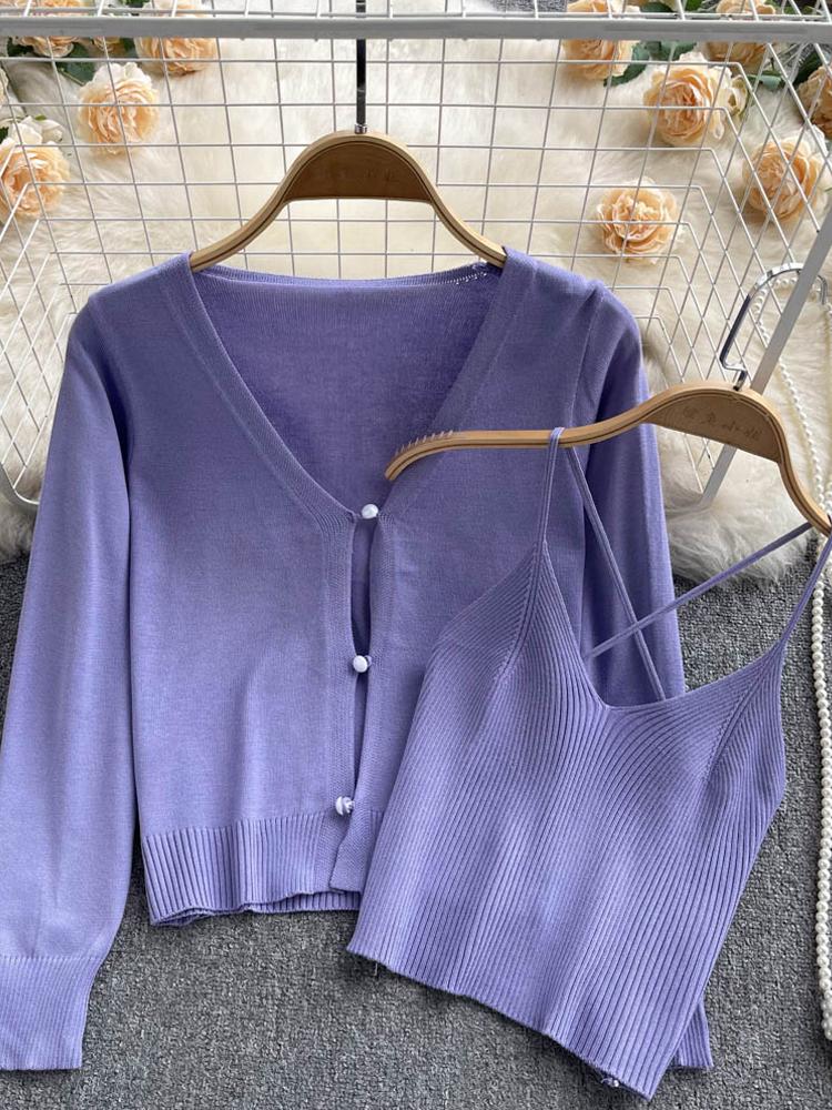 

Women's Knits & Tees YuooMuoo Women Sweater Set 2022 Spring Autumn Knitted Short Camis Tops Long Sleeve Cardigan Shirts Two Piece SuitsWomen, Blue