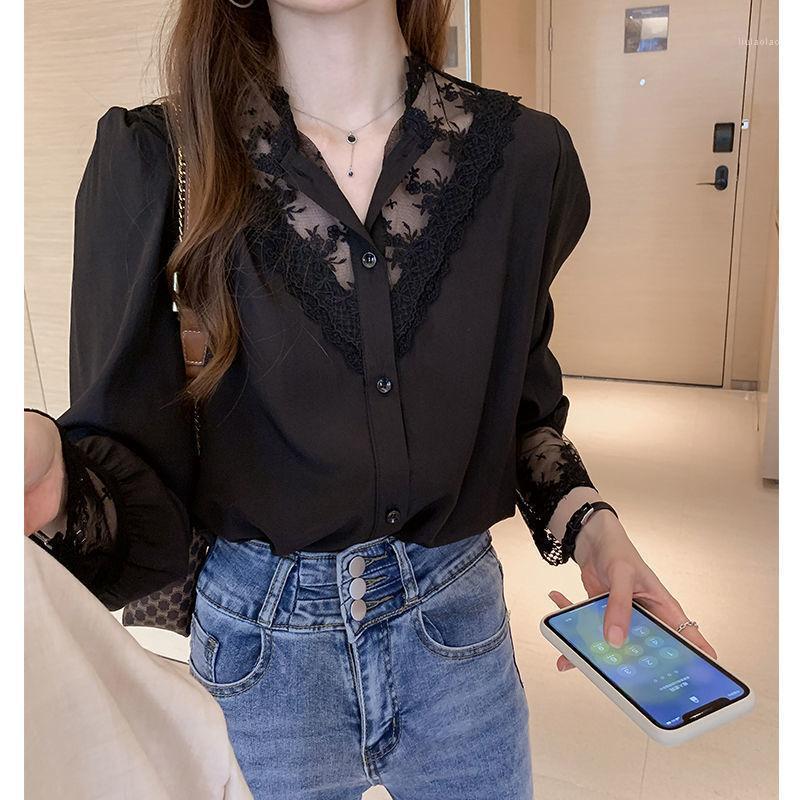 

Women' Blouses & Shirts Women Blouse Lace Spring Autumn Top Chiffon Stitching Shirt Ropa De Mujer, Black