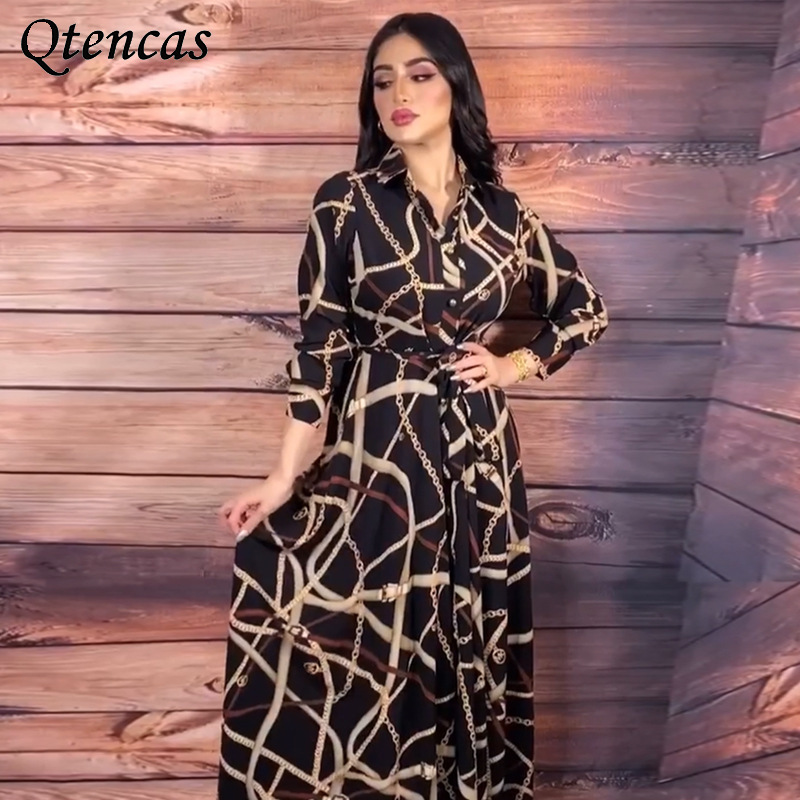 

Jalabiya Muslim Women Shirt Dress V-Neck Print with Belt Long Sleeve Arabic Abaya Dubai Evening Dresses Turkish Islam Clothing