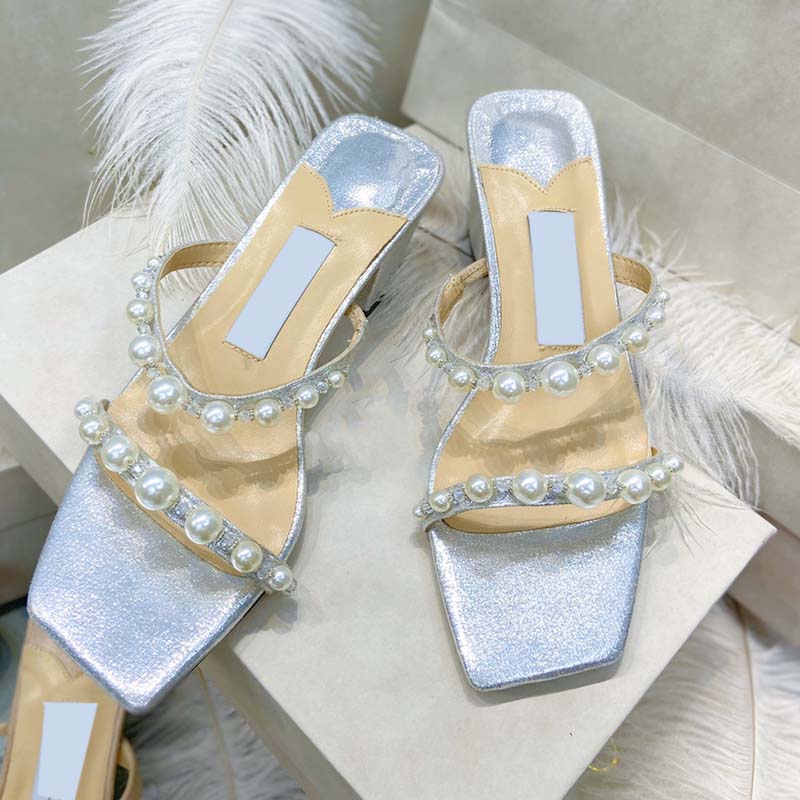 

Designer Womens Slippers Luxury Heels High 5cm Chunky Heels Pearls Sandals Open Shoes Fashion Lady Classic Rubber Slides Grosgrain Espadrilles For Party With Girls, White