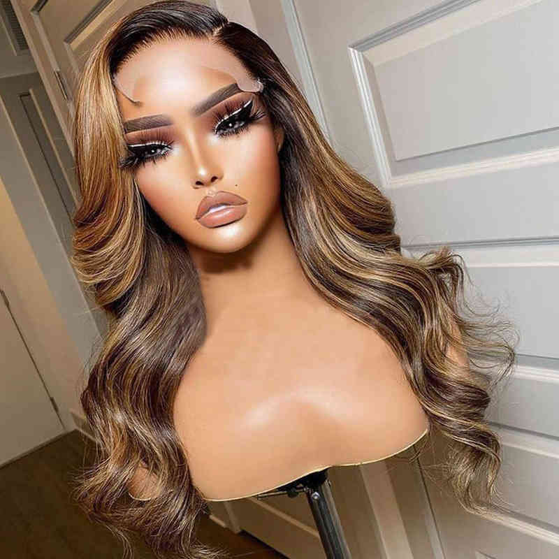

NXY Hair Wigs HD Highlight Wig Human Hair Brazilian Glueless Wig Honey Blonde Colored Human NXY Hair Wigs for Women Ombre Body Wave Lace Front Wig 0505, 4x4 lace closure wig