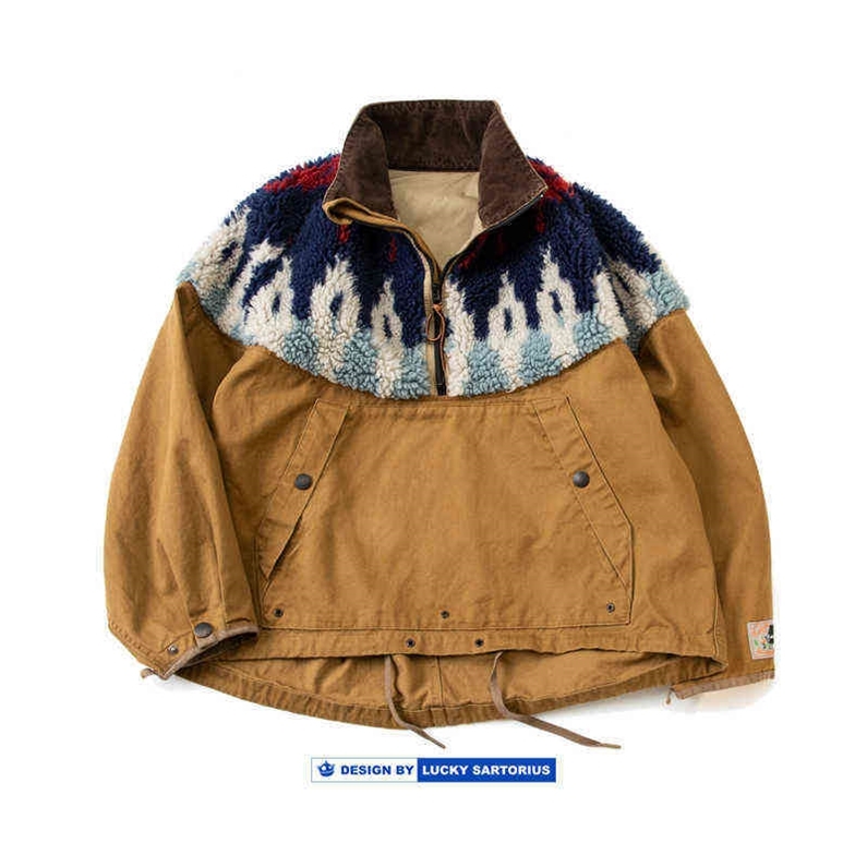 

Stitching Kapital Cashmere Hirata Hehong Half Zipper Lapel Loose Ethnic Jacket for Men and, Khaki