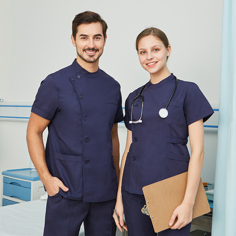 

YL012 Clearance Scrubs Nursing Uniforms Women Men Set Top and Pant White Navy Blue Poplin Fabric Petite Tall Workwear healthcare Lab Coat