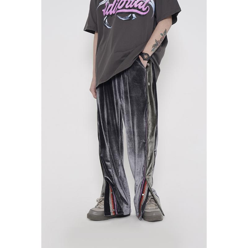 

Men's Pants Retro Streetwear Velvet Rainbow Stripes Track Hip Hop Vintage Stitching Velour Sweatpant Side-breasted Men Women, Black