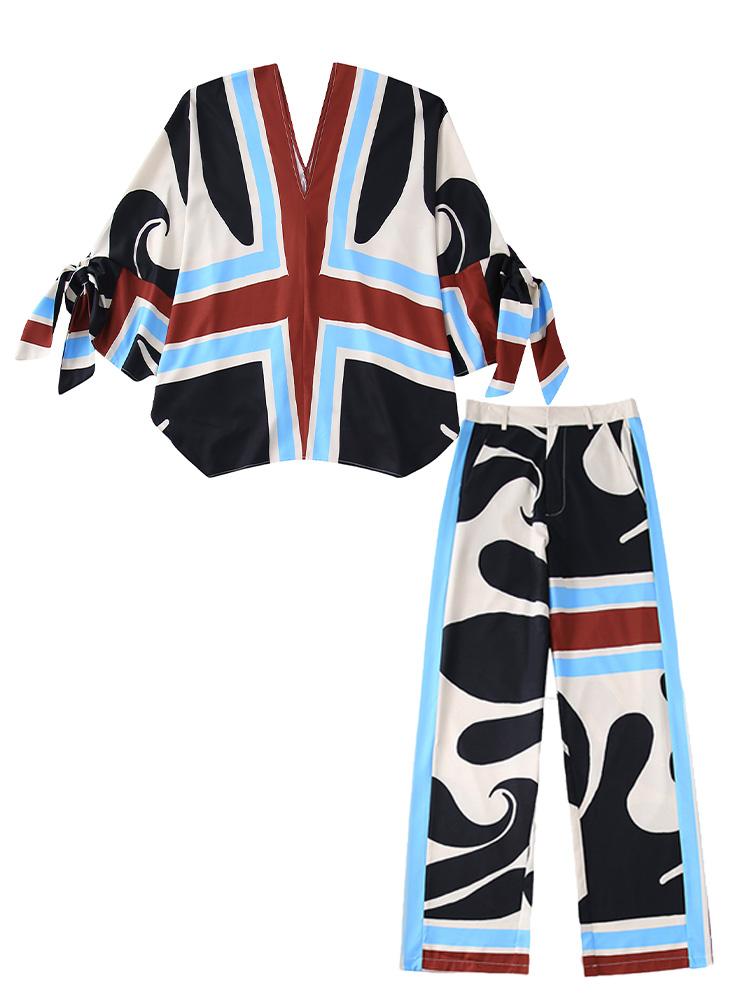 

Women's Two Piece Pants Aonibeier 2022 Summer Women Casual Blouses Suits V Neck Bow Tied Chic Kimono Tops Female Printed Shirt 2 SetsWomen's