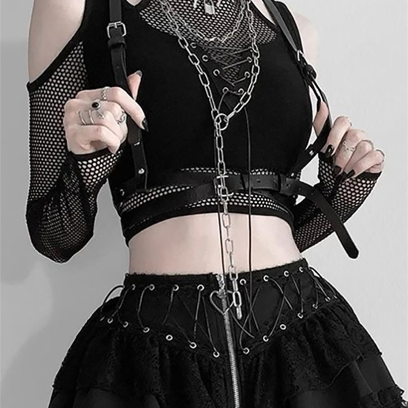 

Goth Dark Fishnet Cut Out Women Sexy Halter T-shirts Mall Gothic Grunge Black Bandage Crop Tops Punk Open Shoulder Alt Clothing 220407