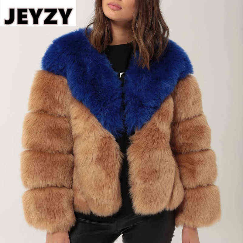 

Winter Patchwork Thick Warm Faux Fur Coat Women Contrast Color Fake Fur Jacket Luxury Fashion Ladies Cozy Furry Jackets Overcoat T220810, Khaki and blue fox