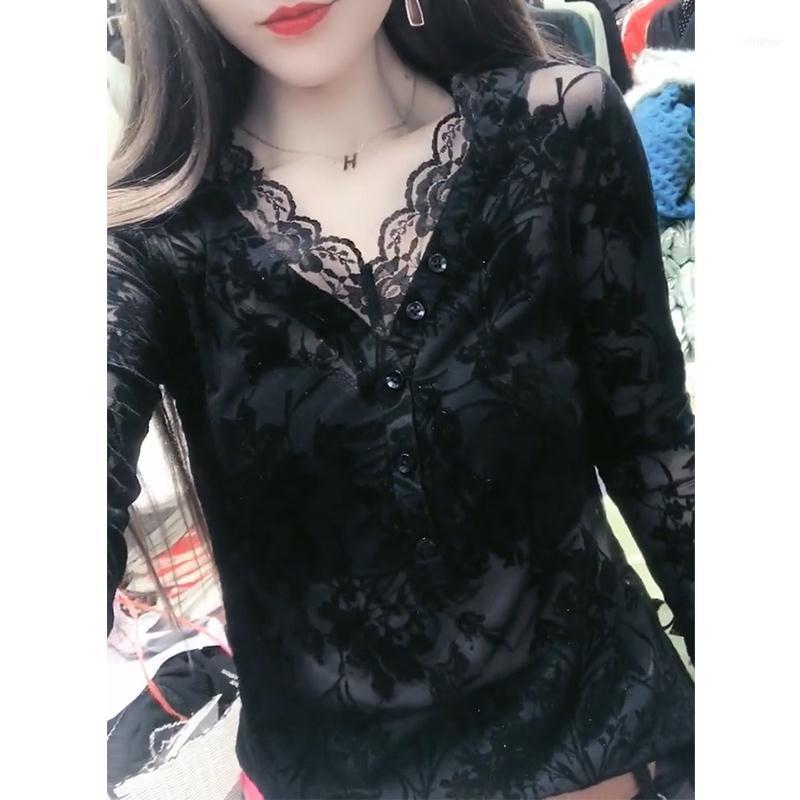 

Women'S Spring Autumn Style Lace Blouses Shirt Elegant Embroidery Solid Color V-Neck Button Korean Tops SP753 & Shirts, Black