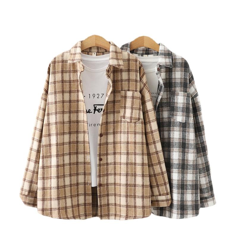

Women' Blouses & Shirts Women' Plaid Thin Wool One Pocket Long Sleeve Tops Spring Autumn Cotton Casual Blouse Outerwear ShirtWomen, Khaki