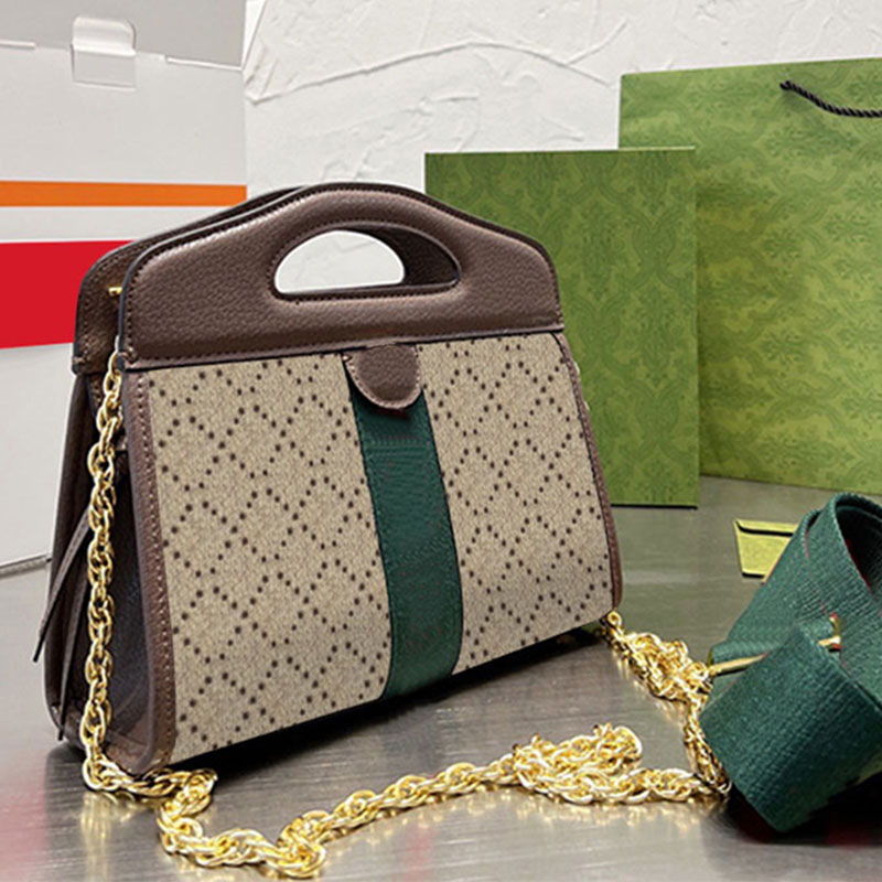 

Chains Crossbody Bag Women Shoulder Message Bags Canvas Handbag Purse Patchwork Leather Red Green Ribbon Letter Metal Detachable Wide Strap Large Capacity Pocket, Brown