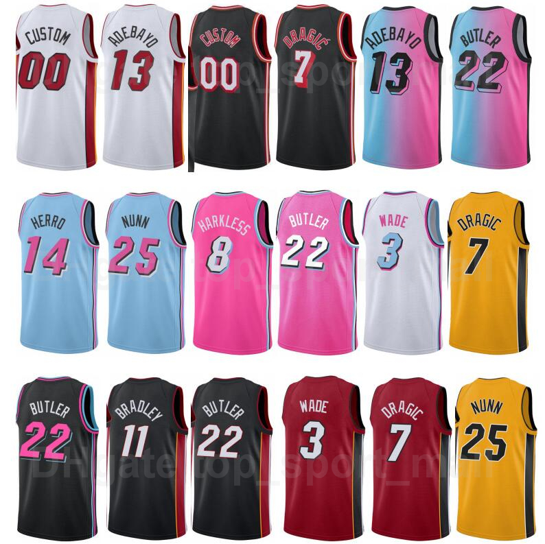 

''nba''Screen Print Basketball Dwyane Wade Jersey 3 Jimmy Butler 21 Tyler Herro 14 Goran Dragic 7 Kendrick Nunn Bam Ado Black Blue Red