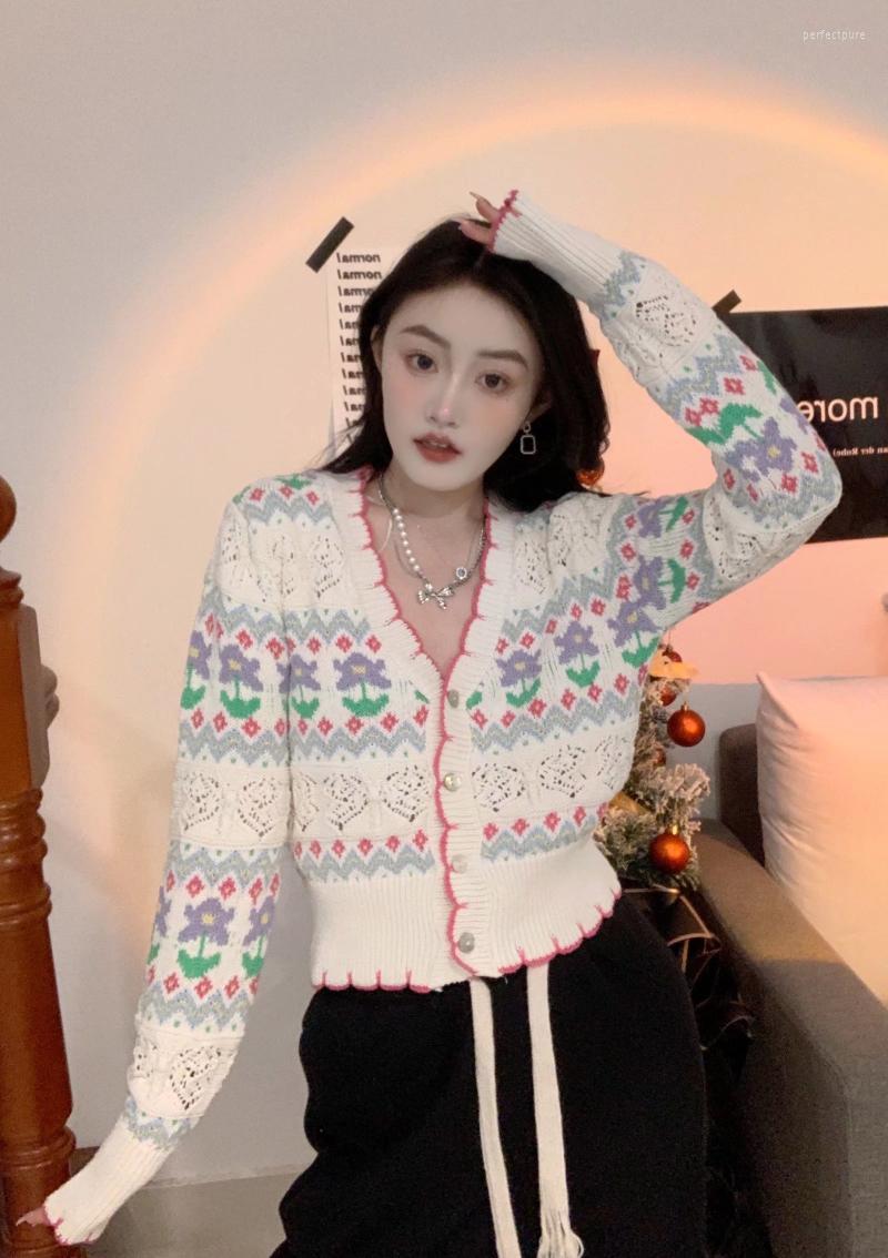 

Women' Knits & Tees Zevity Women Sweet Flower Print Jacquard Knitting Cardigans Sweater Female Chic V Neck Hollow Out Coat Tops SW444 Perf2, As pic sw444bb