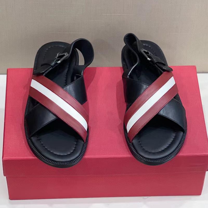 

Sandals Men's Black Stripe Detail Leather Outdoor Walk Beach Drag Non-slip Shoes Designer Flat Open Toe Comfortable Summer ShoesSandals, Color 3