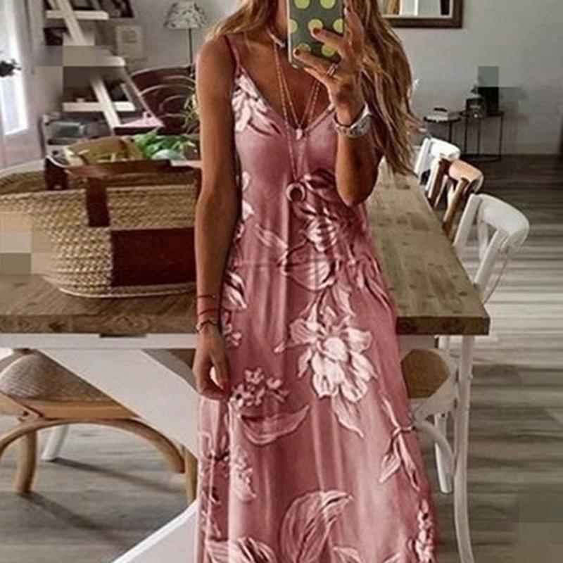 

Casual Dresses -8XL Plus Size Women Maxi Dress Summer Sexy Boho Printed Long Sleeveless V Neck Ladies Loose Vestido, Pink