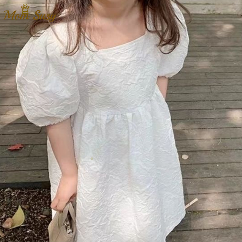 

Fashion Girl Princess Dress Ruffle Embossing Cotton Summer Toddler Teenager Kid Vestido Puff Sleeve White Wedding Child Clothes 220614