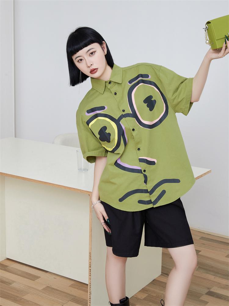 

Women' Blouses & Shirts Graffiti Green Short Sleeve Shirt For Women 2022 Summer Top Korean Fashion Streetwear Button Up Collar Baggy ShirtW, As pic