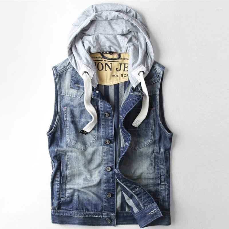 

European Fashion Retro Denim Vest Hooded Coats Thin Slim Fit Spring And Summer Men's Sleeveless Waistcoat Men Jacket Vests, As picture