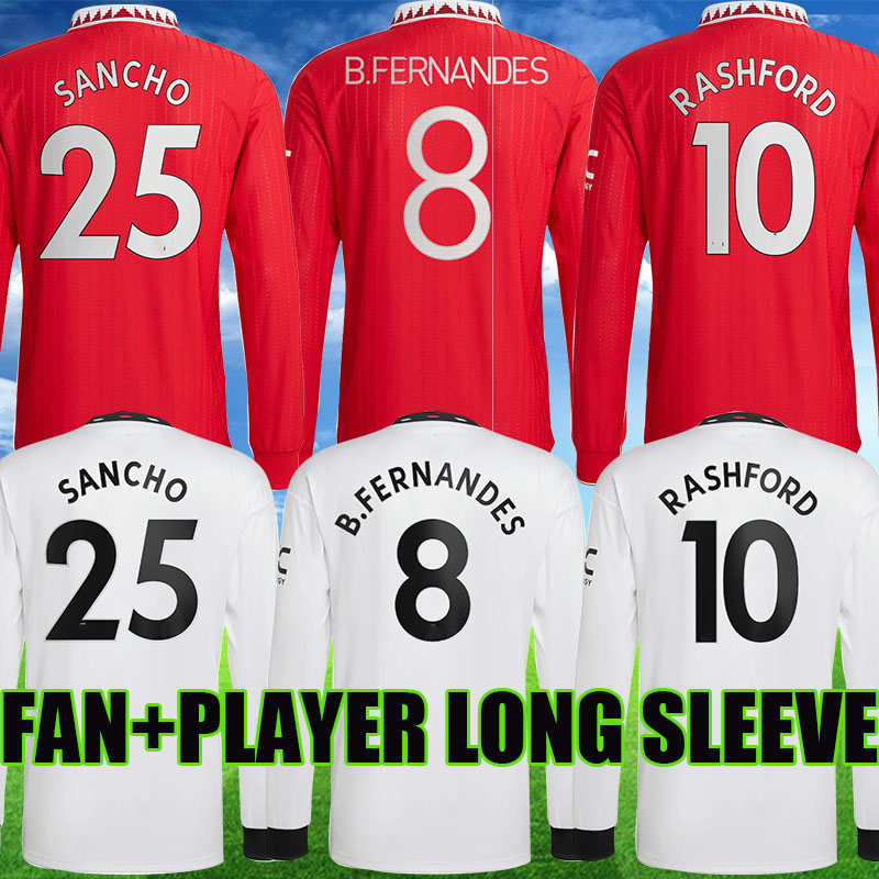

22 23 SANCHO soccer jersey RASHFORD SHAW Maguire 2022 2023 long sleeve Fernandes Greenwood Varane football shirt Fans Player version, 22 23 home