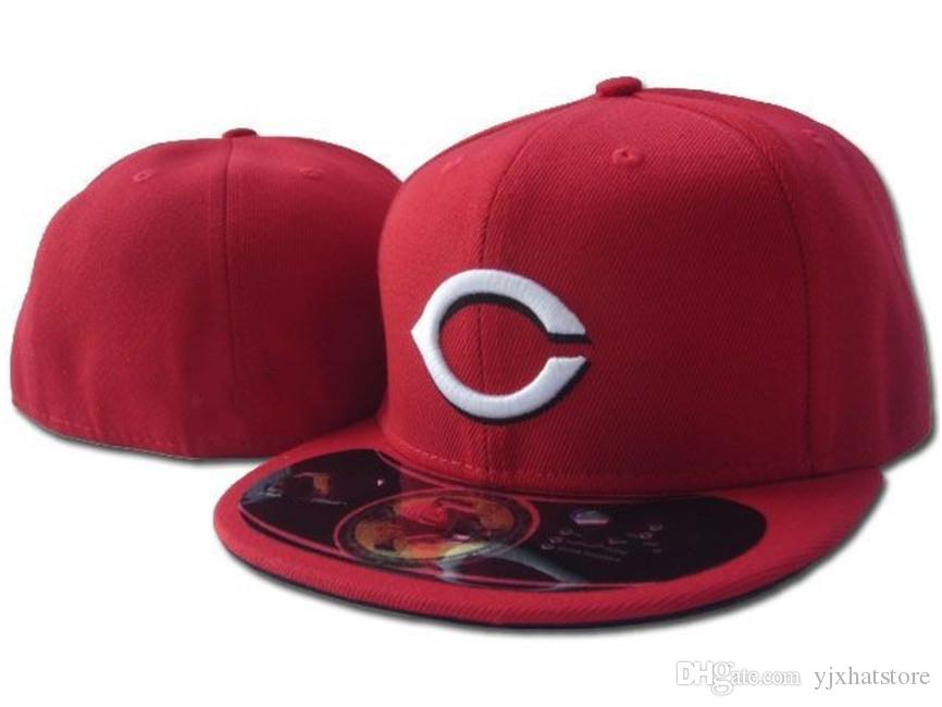 

Wholesale Good Quality Reds All Team Baseball Fitted Hats Cheap Men's Full Closed Flat Visor Cap Bone Size Mix Order IS OK