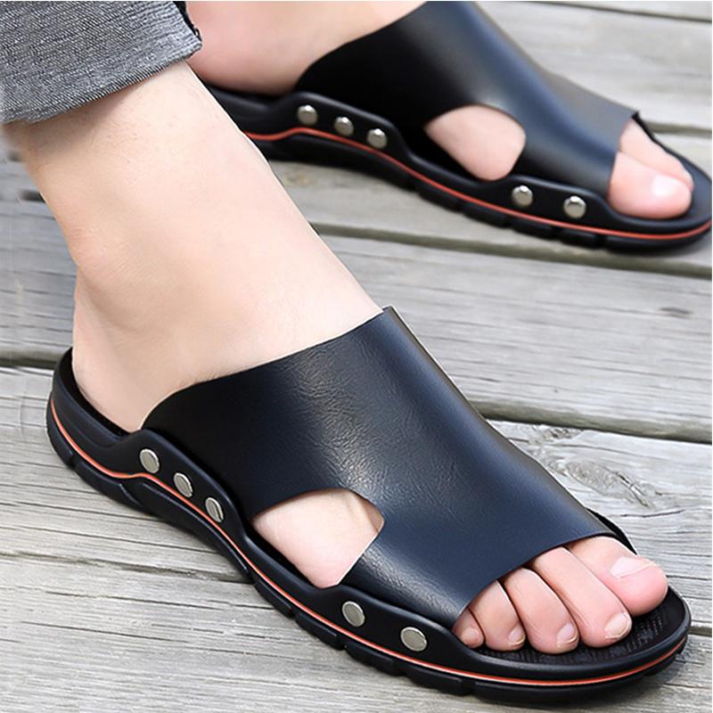 

Sandals Men Genuine Leather Slippers Summer Brand Soft Comfortable Beach Casual Cross Outdoor Slides 2022, Black