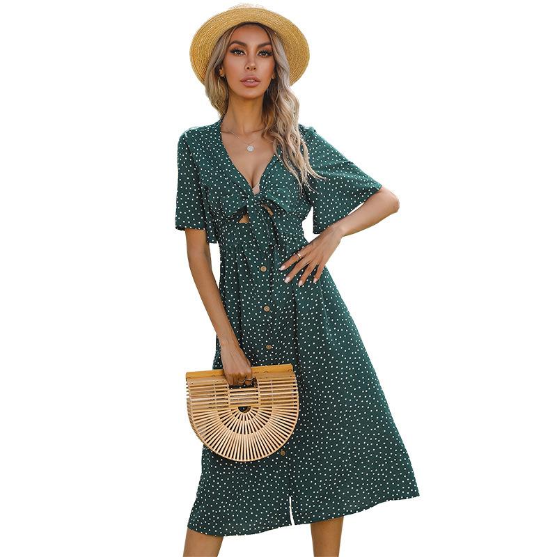 

Casual Dresses Long French Wave Point In Summer Style V-neck Hollow-out Short-sleeved Dress Female BowCasual, Black