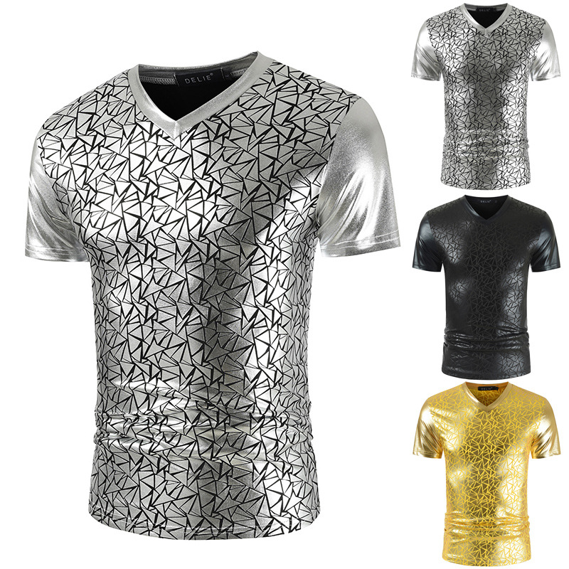 

Men's T-Shirts Shiny Silver Metallic Nightclub Wear T Shirt Men 2022 Geometric Pattern Stage Prom Shirts Mens Slim Fit V Neck T-Shirt HommMe, Gold