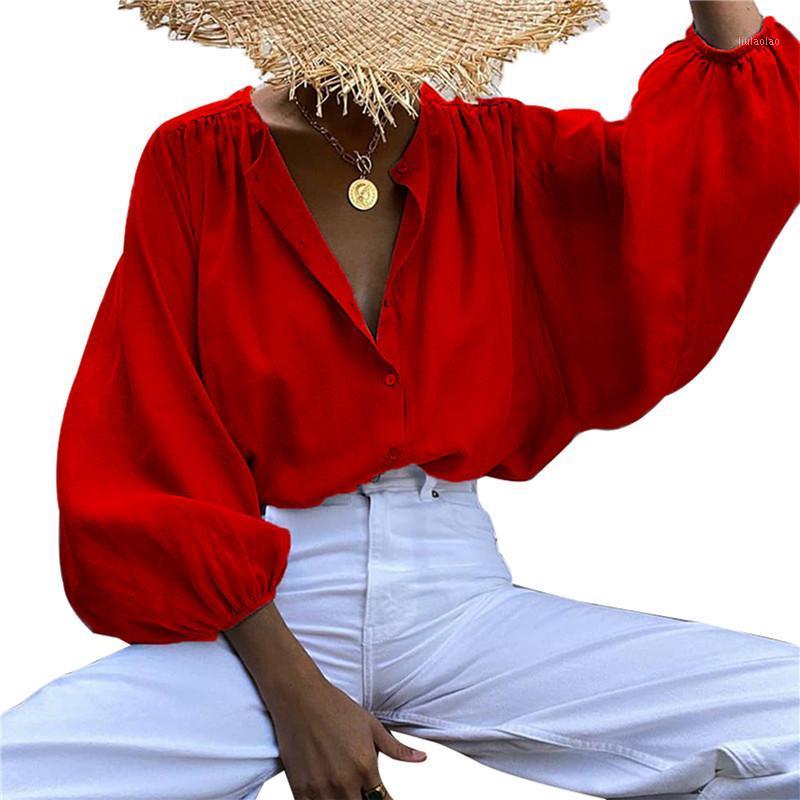 

Women' Blouses & Shirts Fashion Spring Elegant Lantern Sleeve Women Blouse Buttons Casual Loose Solid Party Tops Long Blusas Plus Size