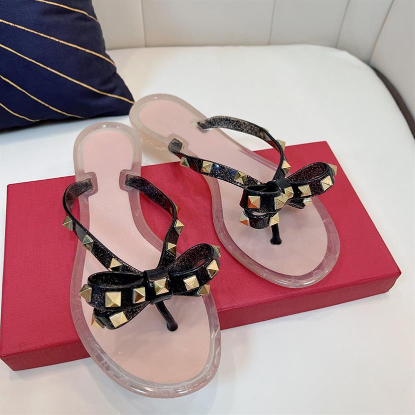 

Designer Sandals Bow Flip Flops Women Slipper Fashion Girls Slippers Bow Two Belts Summer Rivet Platform Slide Studded Sandal With2588, Sock