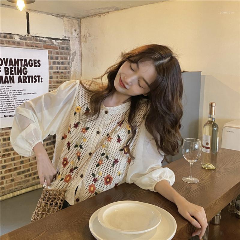 

Women's Blouses & Shirts Women Blouse 2022 Summer Casual Lantern Sleeve Chiffon Embroidery Stretchy Fashion Pit Knitting Slim Elastic Top, As pic