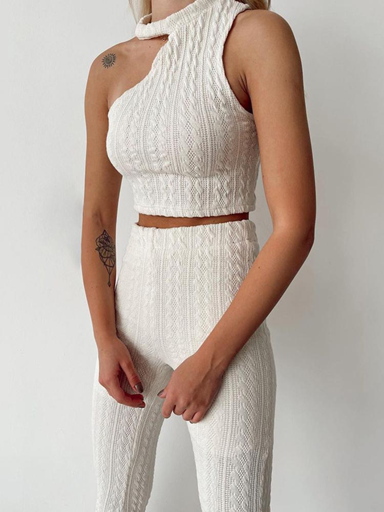 

Women' Two Piece Pants Sifreyr Casual Solid Knitted Sets Women Sleeveless Irregular Crop Top And Sexy 2 High Waist Flare Outfits, Black top