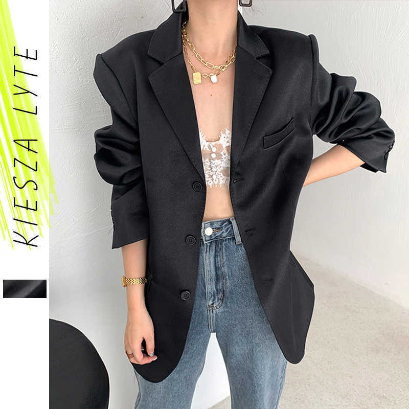 

Autumn womens outfit black satin blazer vintage solid korean stylte casual loose suit jacket trend fashioin 210608