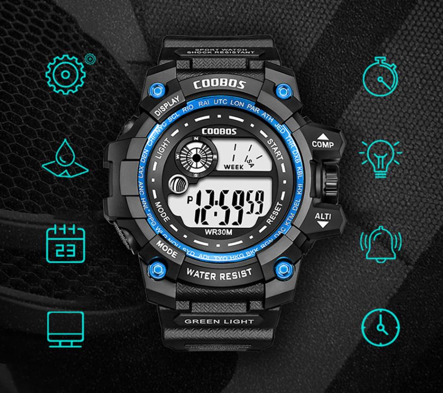 

Wristwatches Coobos LED Luminous Fashion Sport Fitness Waterproof Digital Watches For Man Date Army Military Clock Relojes Para Hombre, Blue
