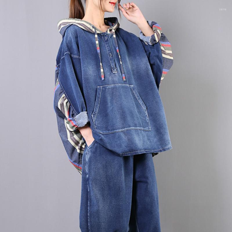 

Women's Tracksuits Jeans 2 Pieces Set Korean Fashion Ladies Loose Tracksuit Womens Denim Vintage Suits Patchwork Tops And Pants SA057S50, As pic