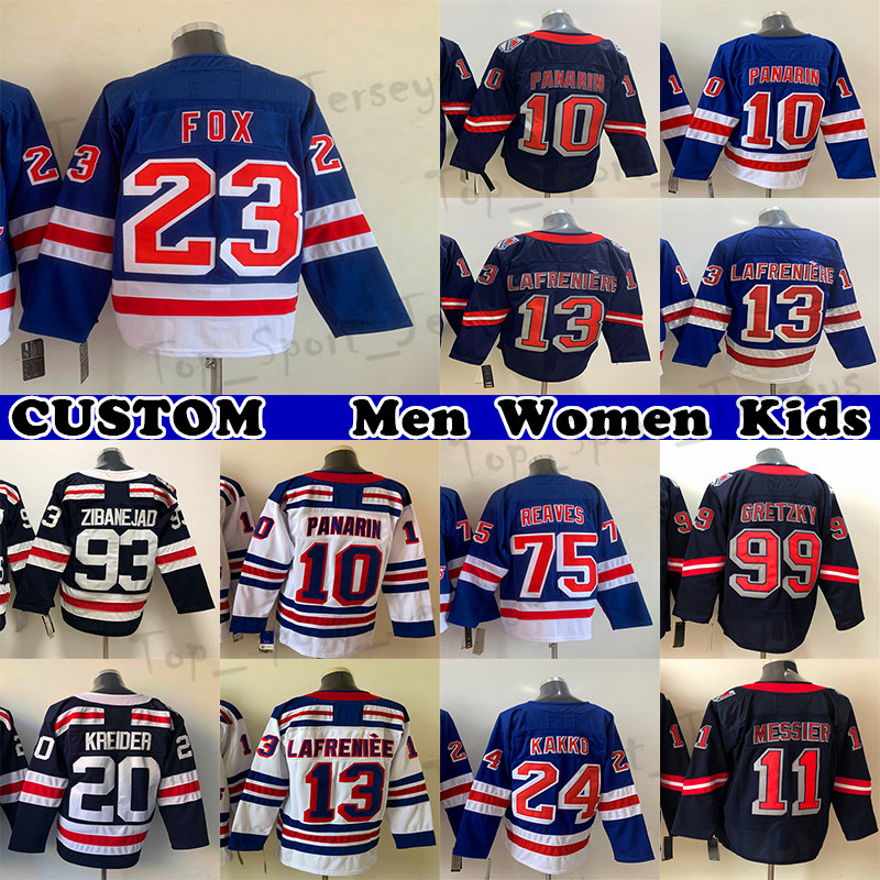 

23 Adam Fox Jersey 31 Igor Shesterkin 10 Artemi Panarin 24 Kaapo Kakko 75 Ryan Reaves 13 Alexis Lafreniere Custom Mens Womens Youth Any Name Any Number hockey jerseys, Navy blue reverse retro women