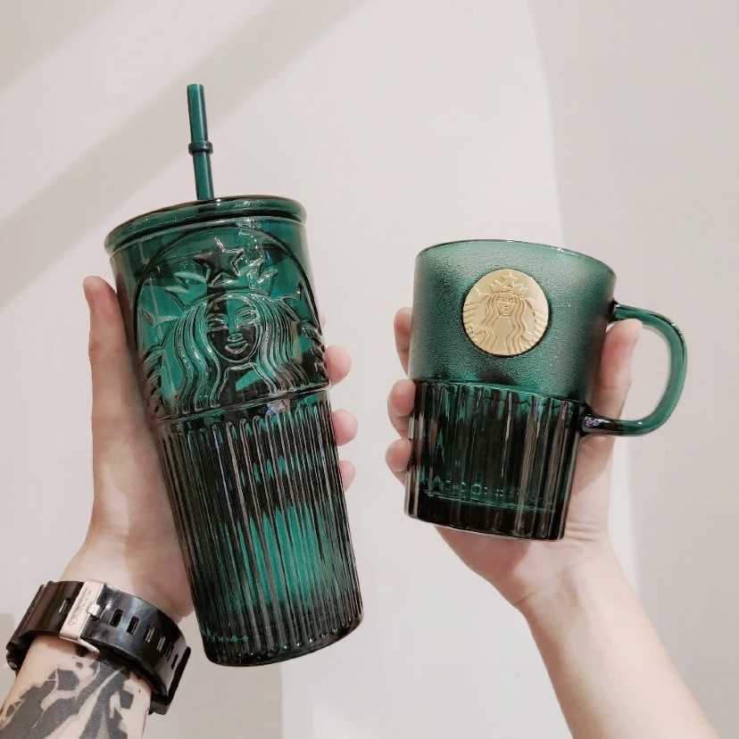 Starbucks dark green cup classic goddess gradient glass straw cup summer ins high capacity coffee cup-image-760206108