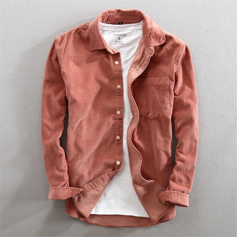 

Men' Shirt Spring And Autumn Fashion Brand Japan Style Vintage Slim Fit Corduroy Shirt Male Casual Blue Red Shirt Cloth 210701