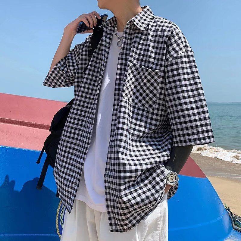 

Men's Casual Shirts Summer Fashion Brand Shirt Handsome Plaid Short Sleeve Coat Men's Korean Top W2420 Camisa Masculina Slim FitMen's, Black