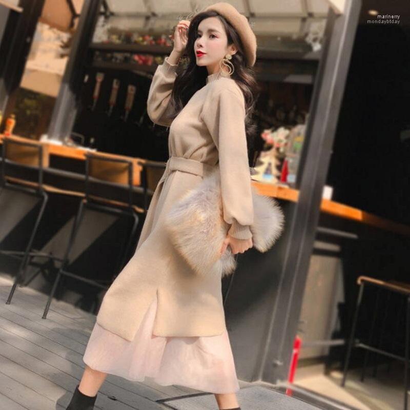 

Women' Sweaters Sweater Woman Winter 2022 Female Long Section Knitted Cardigan Fleece Two-piece Mesh Inside Half-length Dress Mari22, Black