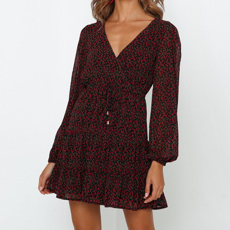 

Casual Dresses Wsevypo Women Autumn Red Flowers Short Dress Office Lady Long Sleeve V-Neck Tied High Waist Mini A-Line Ruffles, Black