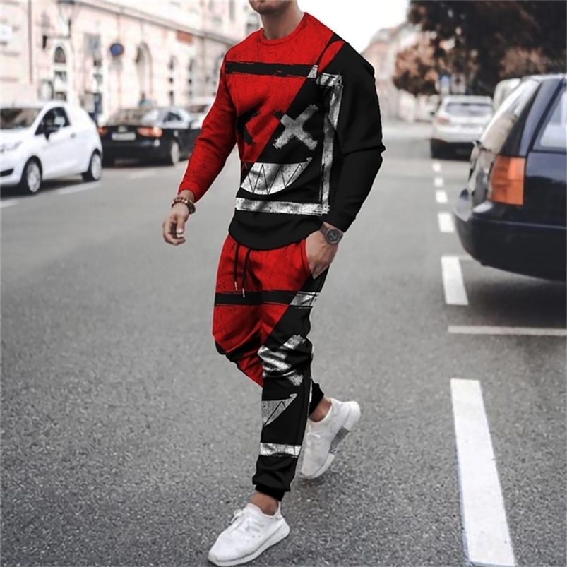 Men's Tracksuits Tracksuit Set Men's Clothing 2 Pcs Summer Sports Suit 3d Print Smiley Casual Men Sets Outfits Long Sleeves T-shirtPant