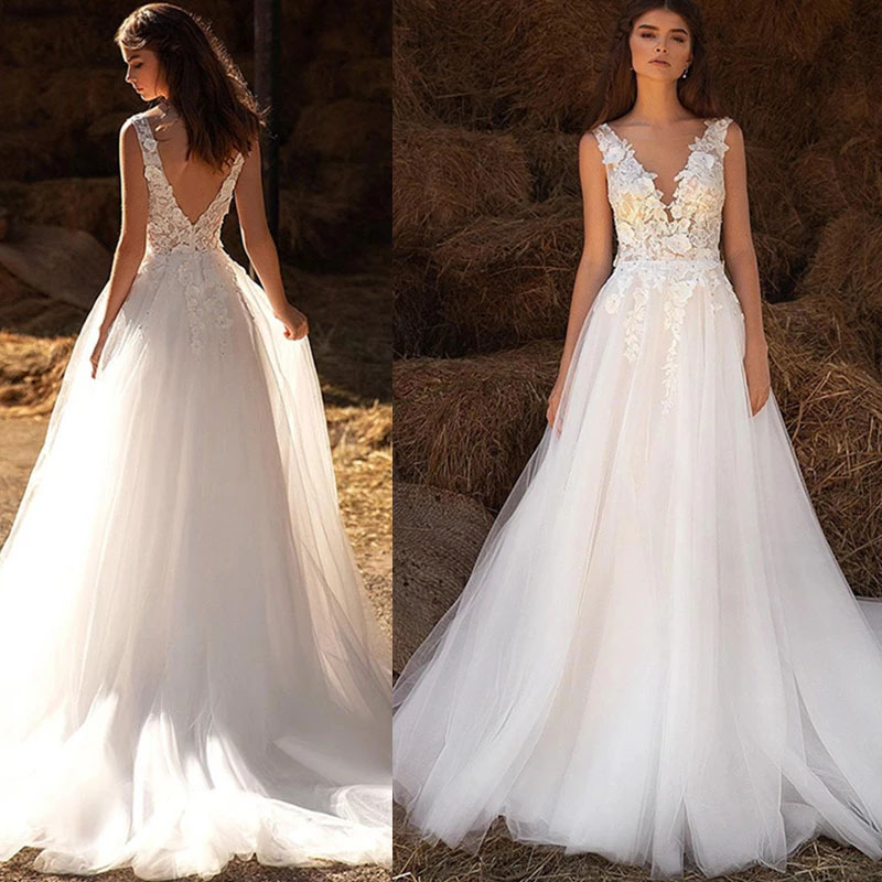 

Beach 3D Flowers V-Neck Wedding Dress 2022 Simple Backless Lace Bride Gown Sleeveless Tulle Customized Vestido De Novia, White