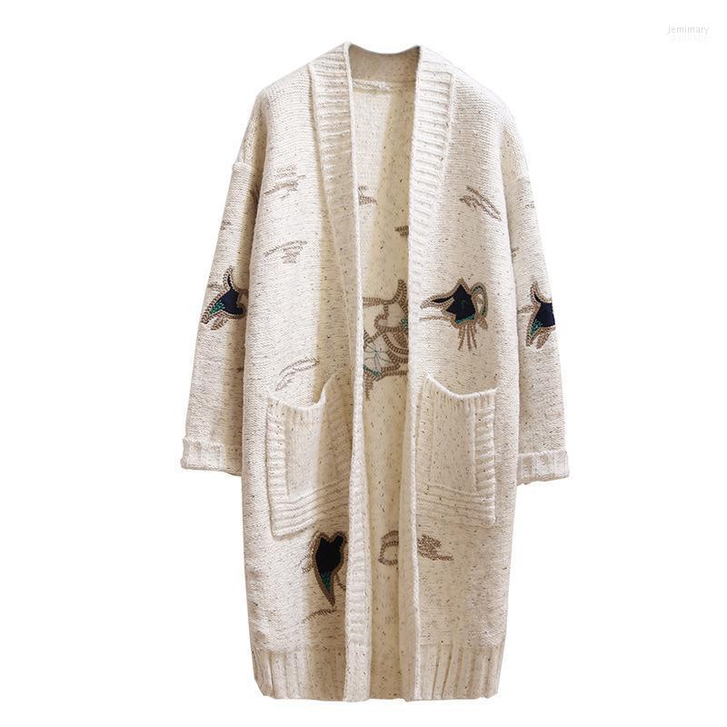 

Women's Sweaters Winter Warm Coats Fashion O-neck Knitted Jumpers Female Korean Embroidery Loose Cardigan With Pockets Outwear Oversized Jem, Beige