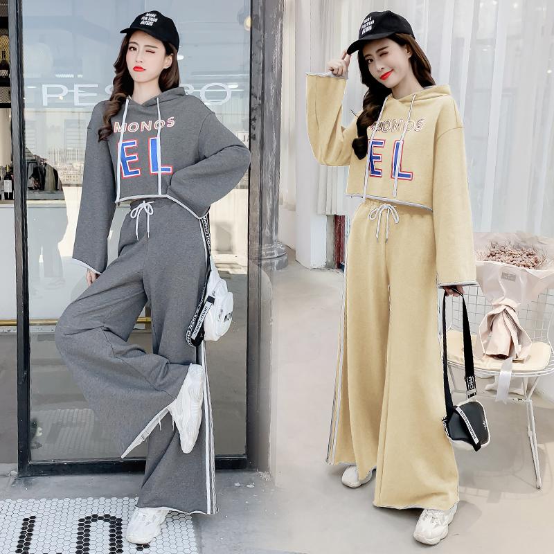 

Women' Two Piece Pants Autumn Winter Wide-leg Hooded Short Loose Sweater Sports Suit Casual Ensemble Femme Survetement Costumes For WomenWo, Gray